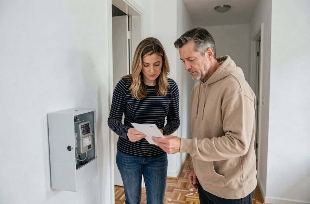 Couple consultant une checklist devant le compteur de gaz dans leur nouvelle maison lors d'un déménagement