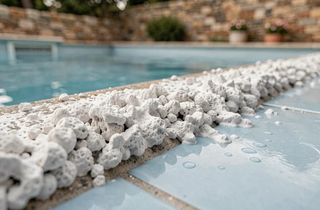Dépôts de calcaire et tartre blanc sur le carrelage d'une piscine en zone à eau dure