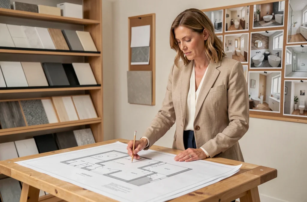 Designer d'intérieur planifiant l'aménagement d'une salle de bain avec plans et échantillons de carrelage