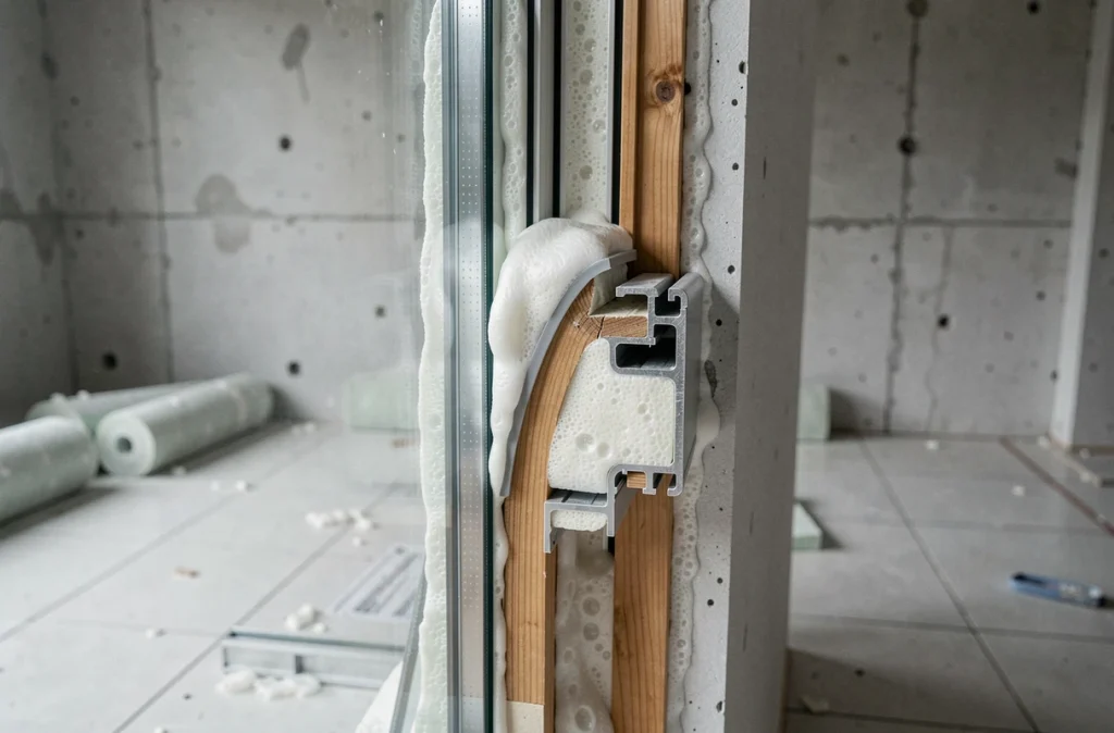 Gros plan sur la coupe transversale d'une fenêtre à double vitrage avec joint isolant lors d'une installation en chantier résidentiel
