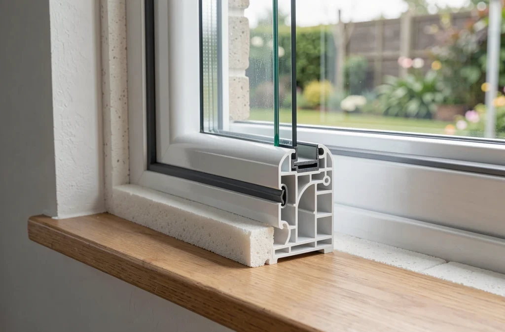 Détail en coupe d'un cadre de fenêtre PVC double vitrage avec joint isolant et mousse de calfeutrage pour une isolation thermique optimale