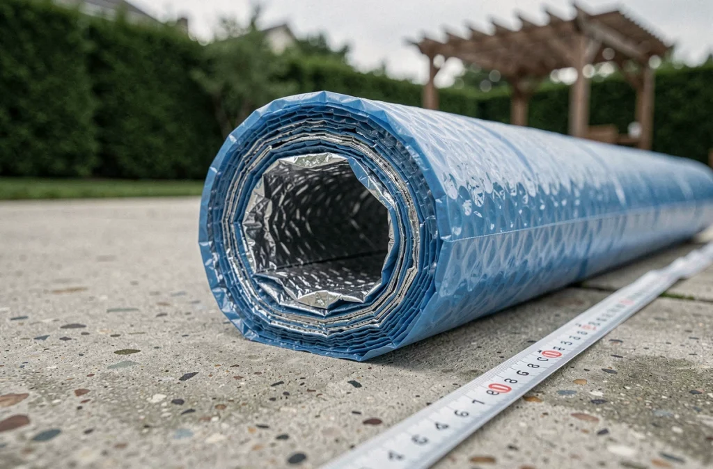 Gros plan sur les couches d'une couverture thermique de piscine posée en bordure de bassin révélant son isolation multicouche