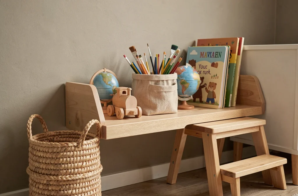Détail d'une étagère basse Montessori avec jouets en bois, livres et paniers tressés dans une chambre garçon