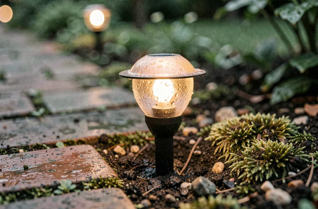 Gros plan sur une lampe solaire à piquet dans un jardin avec sol en brique mouillée et mousse