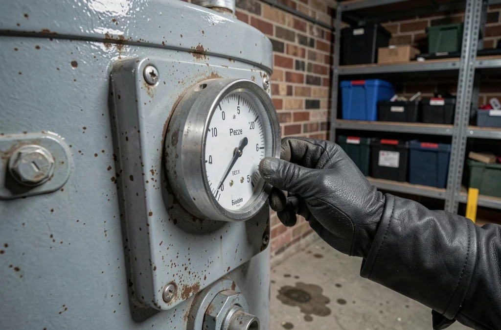 Gros plan sur le manomètre et le tableau de commande d'une chaudière lors d'une opération de maintenance