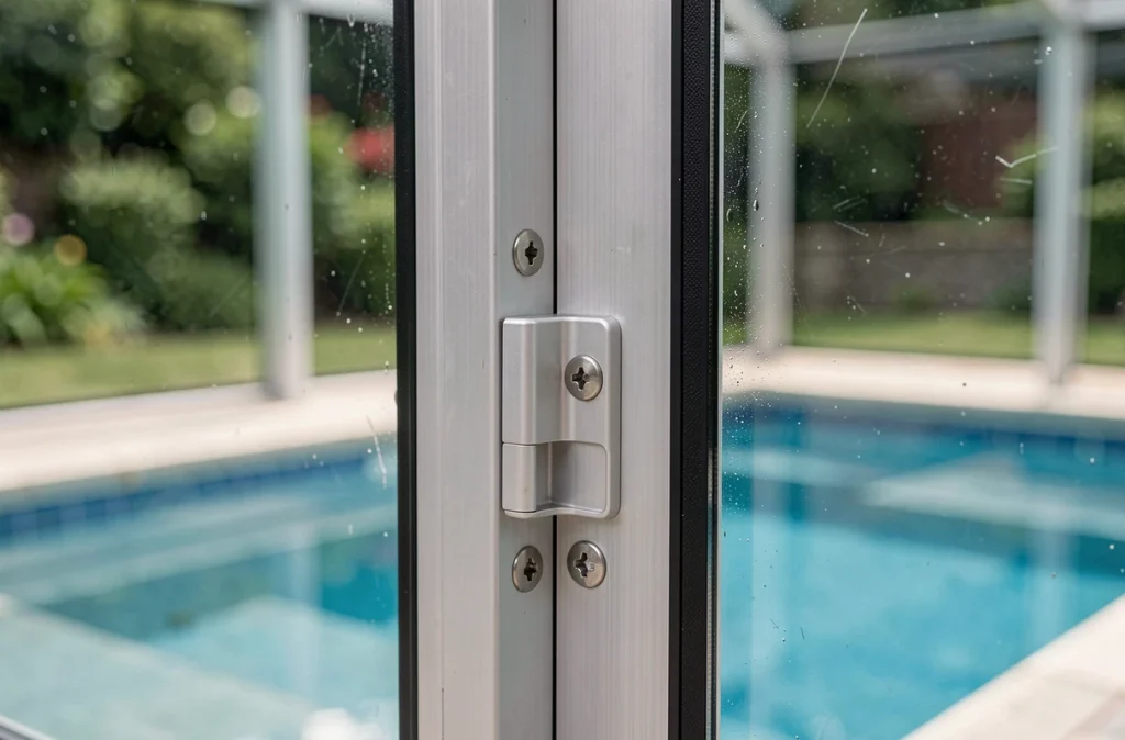 Détail du mécanisme de verrouillage et des profils en aluminium d'un abri de piscine, sécurité et qualité de fabrication