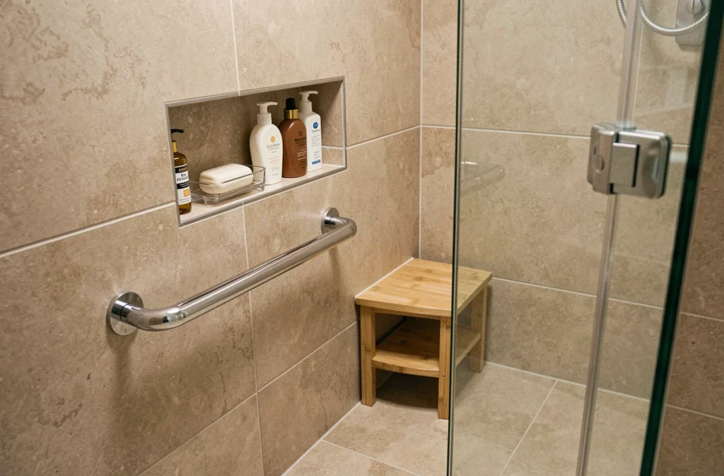 Détail sécurité dans une salle de bain 4m2 sans WC avec barre d'appui double hauteur et niche murale rangement