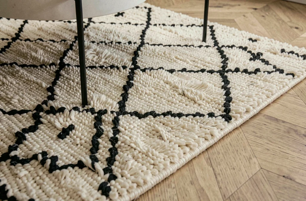 Gros plan sur un tapis Beni Ourain blanc à motifs noirs sur parquet en frêne dans un intérieur épuré