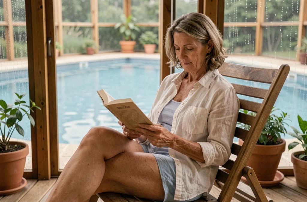 Femme se relaxant à l'intérieur d'un abri de piscine avec un livre, ambiance confortable et protégée