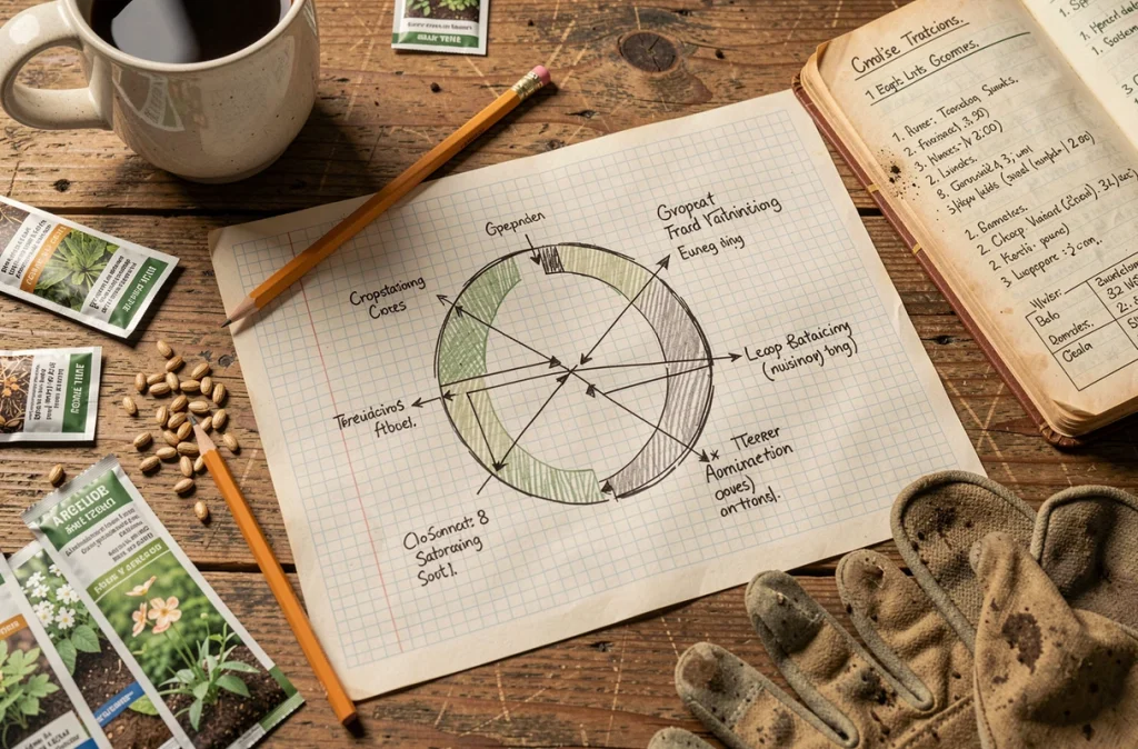 Plan de rotation des cultures dessiné à la main sur papier millimétré avec sachets de graines et carnet de jardinage