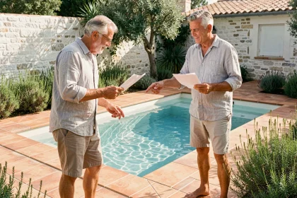 Couple examinant les plans d'une piscine compacte bien dimensionnée dans un jardin méditerranéen