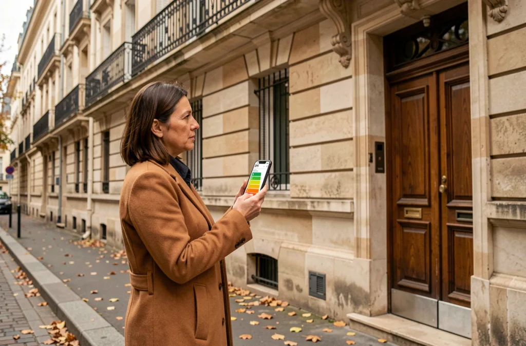 Femme consultant un diagnostic de performance énergétique sur smartphone devant un immeuble ancien en pierre lors d'une visite immobilière