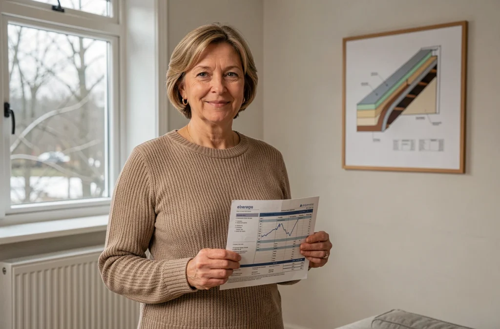 Femme tenant sa facture de chauffage réduite dans son salon bien isolé, illustrant les économies d'énergie réalisées grâce à l'isolation des combles