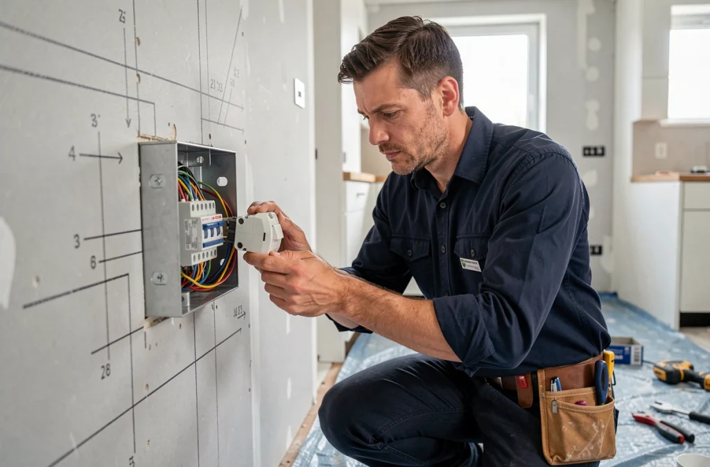 Électricien installant un interrupteur va-et-vient Legrand encastré dans une cuisine en rénovation