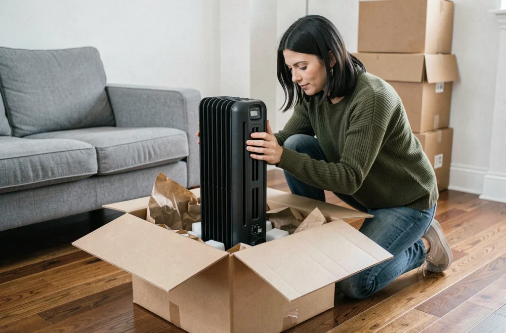 Femme plaçant un radiateur à huile dans une boîte en carton rembourrée pour un déménagement sécurisé