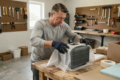 Homme emballant un radiateur portable dans du papier bulle sur un établi de garage pour un transport sécurisé