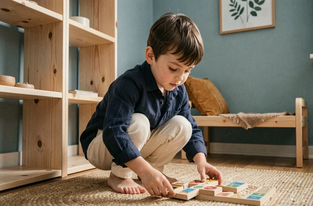 Garçon en bas âge choisissant un puzzle sur une étagère basse dans une chambre Montessori bleu poudré