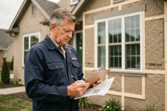 Entrepreneur en rénovation énergétique devant une maison avec isolation extérieure et nouvelles fenêtres double vitrage