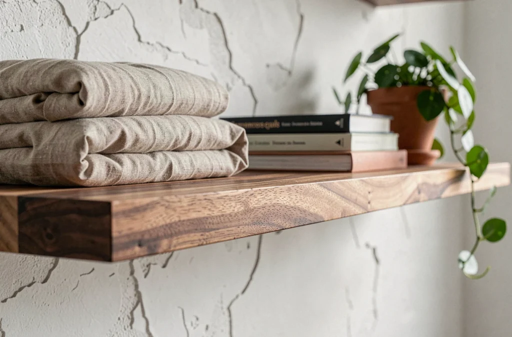 Étagère en noyer brut sur mur en plâtre blanc avec accessoires décoratifs en lin et terre cuite dans un intérieur moderne