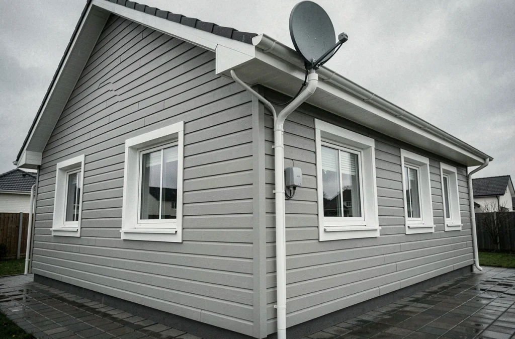 Façade de maison moderne avec installation complète antenne-câble coaxial en conduit mural et prise extérieure étanche près d'une fenêtre