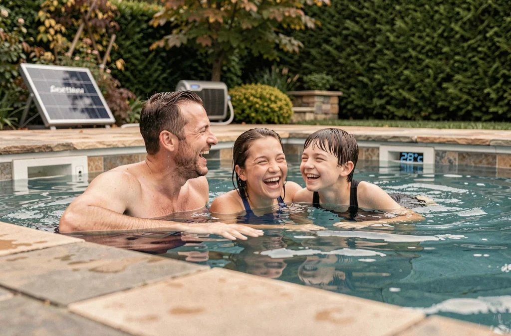 Famille profitant d'une baignade prolongée en automne grâce au chauffage solaire de leur piscine
