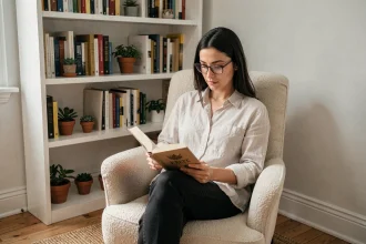 Femme lisant dans un fauteuil compact installé dans un coin bibliothèque minimaliste avec étagères intégrées blanches