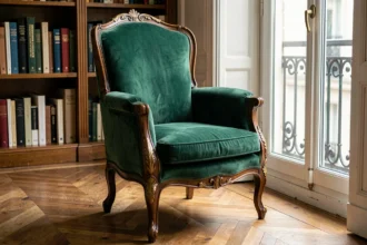 Fauteuil Voltaire retapissé en velours vert émeraude dans un appartement parisien au parquet en bois