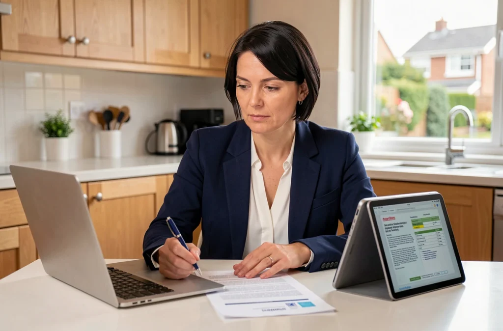 Femme analysant des devis rénovation sur ordinateur et tablette dans une cuisine moderne