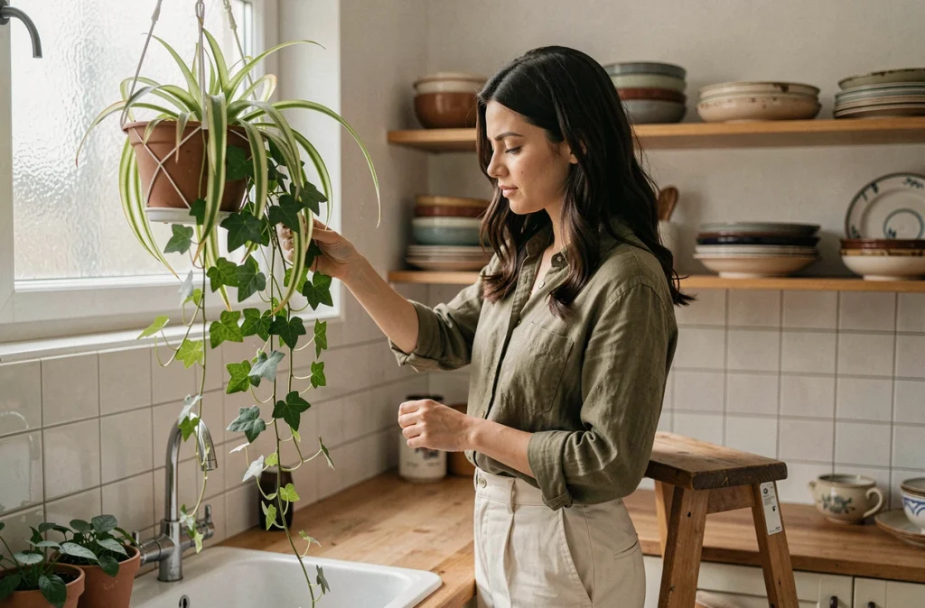 Jeune femme arrosant des plantes suspendues dans une petite cuisine de style parisien