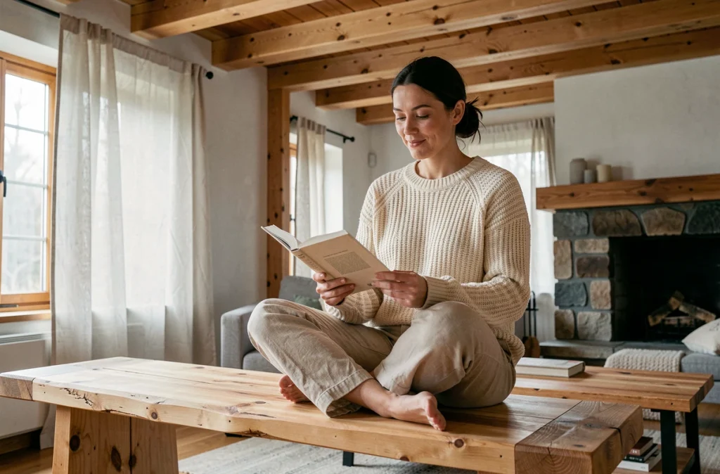 Femme lisant sur un banc en pin brut dans un salon scandinave avec poutres apparentes et cheminée en pierre