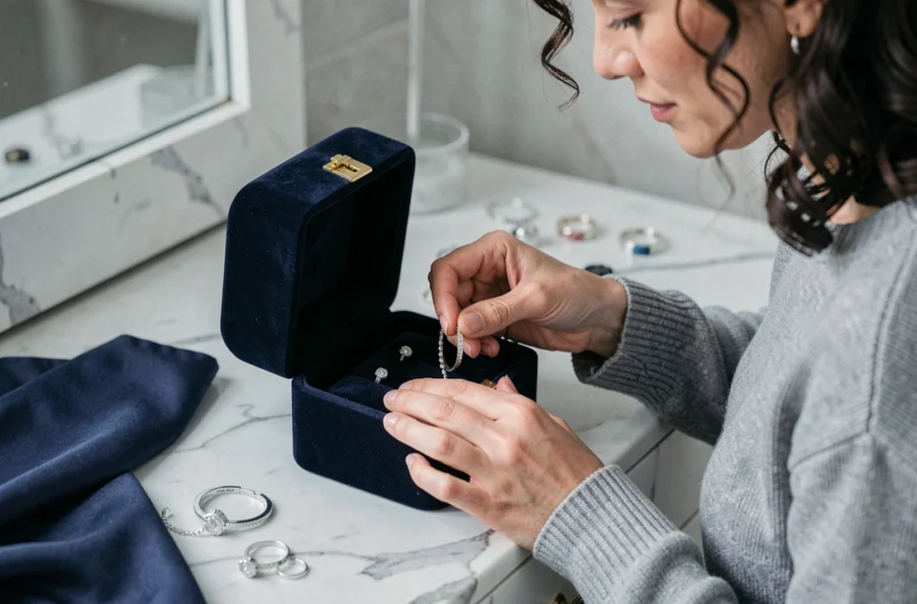 Femme rangeant un bracelet en argent dans une boîte à bijoux en velours bleu marine sur une coiffeuse en marbre blanc