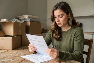 Femme consultant son contrat d'énergie à une table entourée de cartons de déménagement