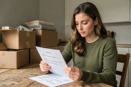 Femme consultant son contrat d'énergie à une table entourée de cartons de déménagement