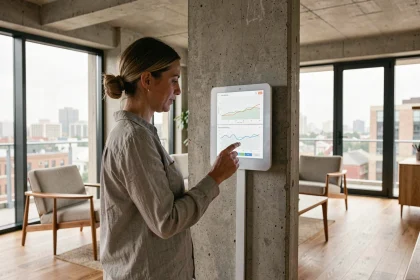 Femme interagissant avec un panneau de contrôle domotique dans un appartement moderne pour gérer la consommation énergétique