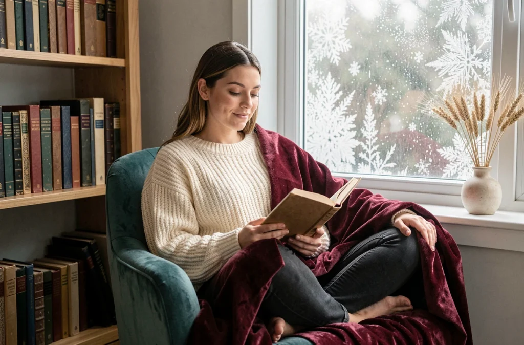 Jeune femme lisant dans un fauteuil en velours sarcelle enveloppée d'un plaid bordeaux en hiver