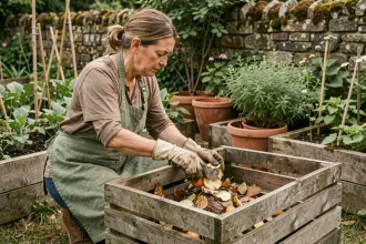 Femme jardinière ajoutant des déchets végétaux dans un composteur en bois dans un jardin verdoyant