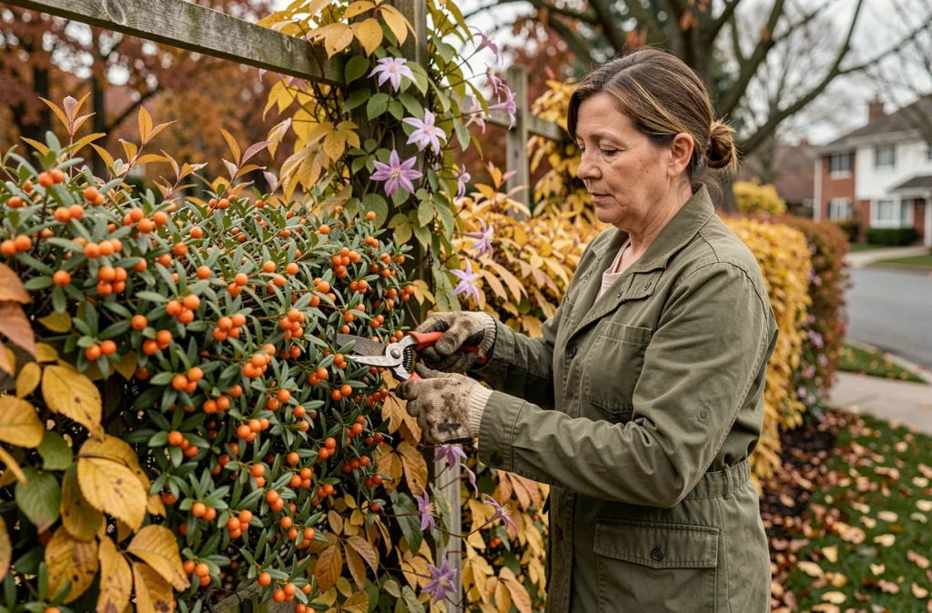 Femme jardinant une haie mixte automnale composée de pyracantha orange, de hêtre doré et de clématite en fleurs