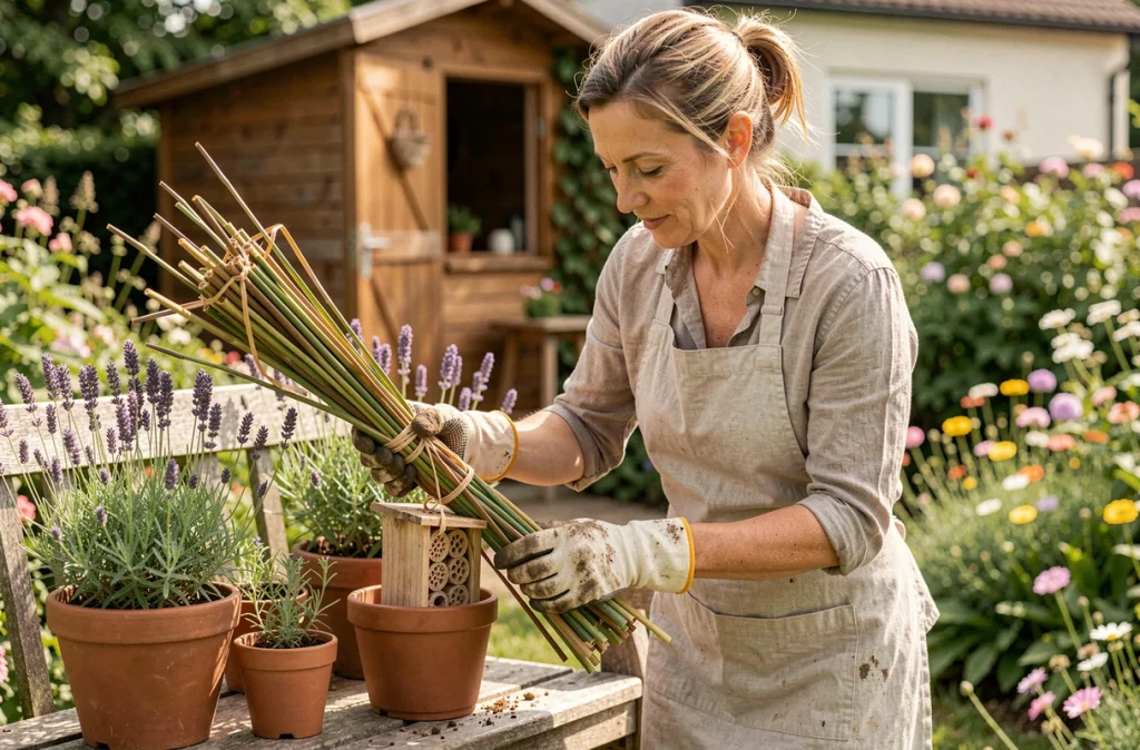 Femme jardinière installant des tiges de roseau dans un hôtel à insectes artisanal entouré de lavande et de fleurs sauvages