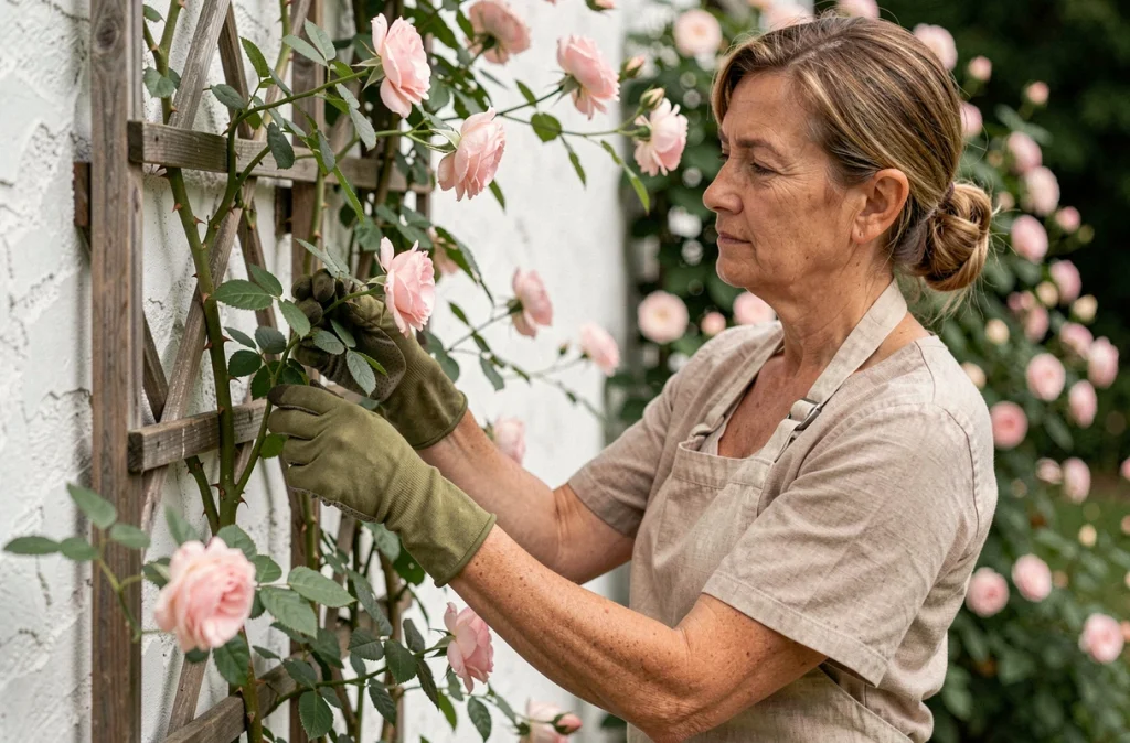 Femme jardinière guidant une rose grimpante sur un treillis en bois contre un mur de jardin blanchi à la chaux