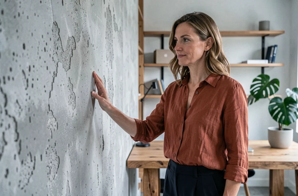Femme touchant un mur texturé effet béton dans un bureau moderne à l'atmosphère chaleureuse et contemporaine