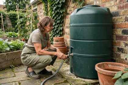 Femme installant un tuyau sur un récupérateur d'eau de pluie dans un potager avec jardinières en bois