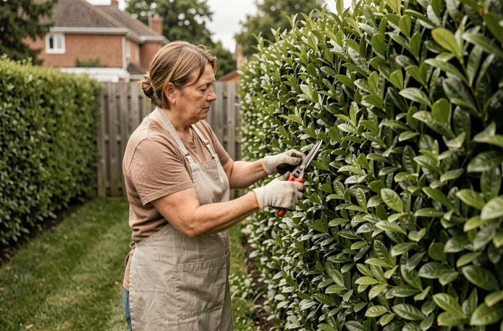 Femme jardinière taillant une haie de lauriers haute et dense pour préserver l'intimité d'un jardin résidentiel en banlieue