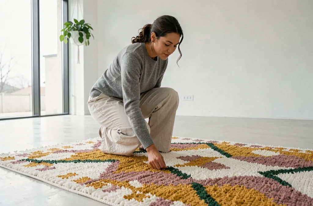 Femme arrangeant un tapis berbère Azilal coloré sur sol en microciment blanc dans un appartement minimaliste lumineux