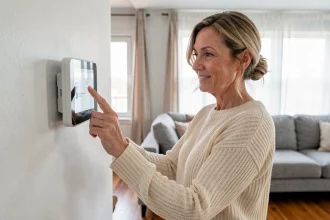 Femme réglant un thermostat connecté sur un mur blanc dans un salon moderne