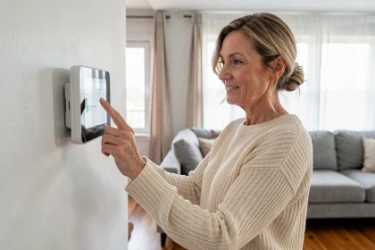 Femme réglant un thermostat connecté sur un mur blanc dans un salon moderne