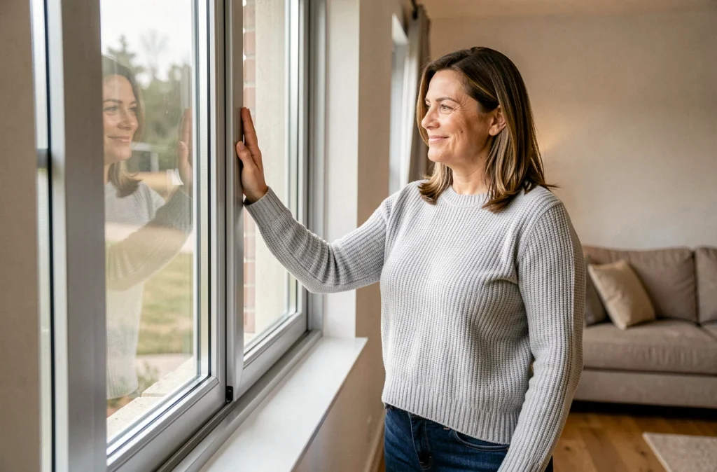 Femme vérifiant l'isolation thermique d'une nouvelle fenêtre triple vitrage dans un salon moderne