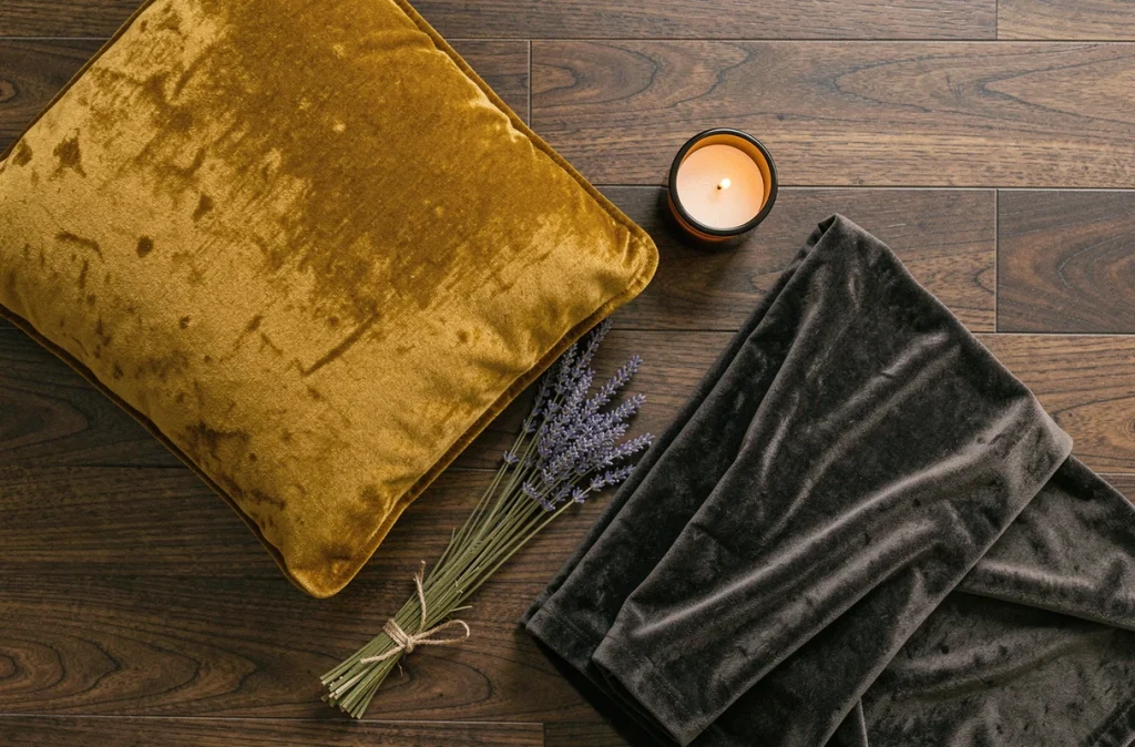 Flat lay décoratif avec coussin en velours moutarde, plaid anthracite et bougie ambrée sur parquet sombre