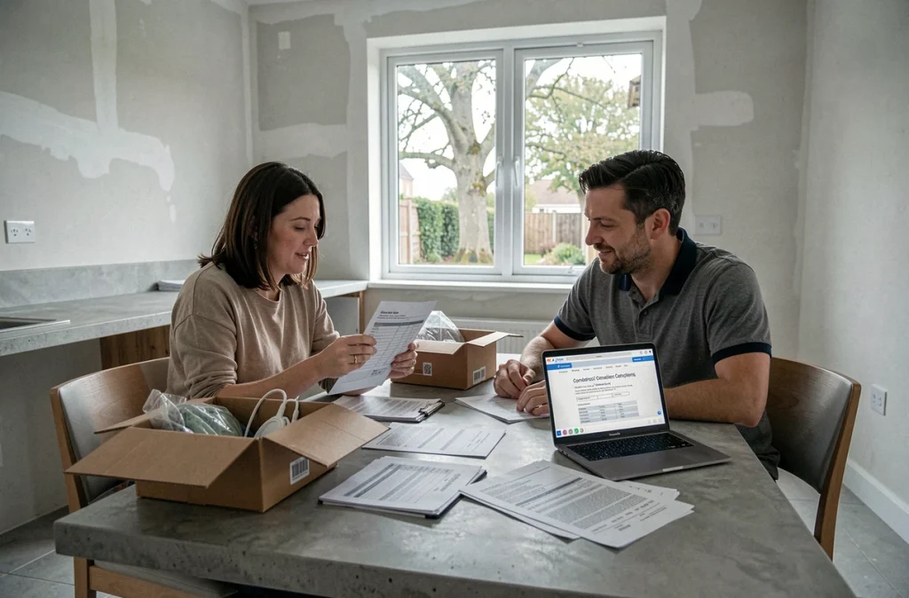 Couple analysant leurs factures et contrats d'énergie ensemble autour d'une table lors d'un changement d'adresse