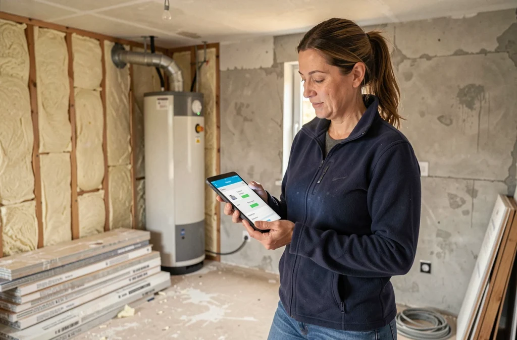 Femme consultant un tableau de bord domotique pour la gestion des énergies renouvelables dans une maison en cours de rénovation