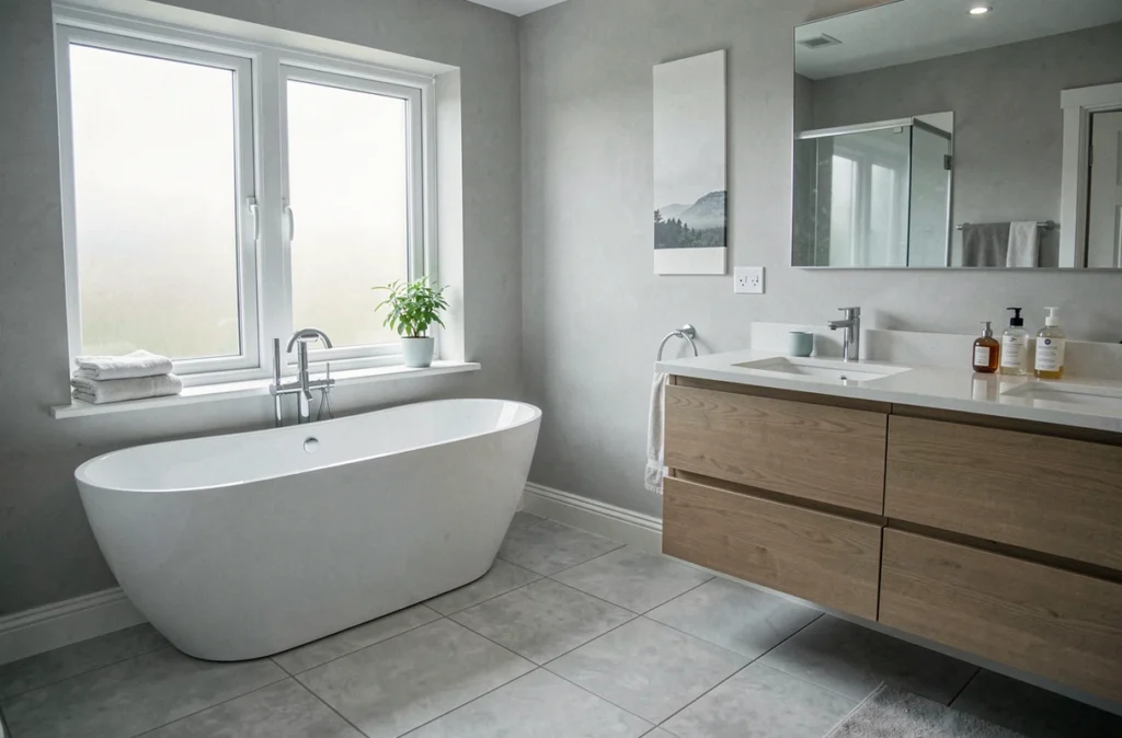 Grande salle de bain familiale de 9 m² avec baignoire îlot et double vasque en chêne mat